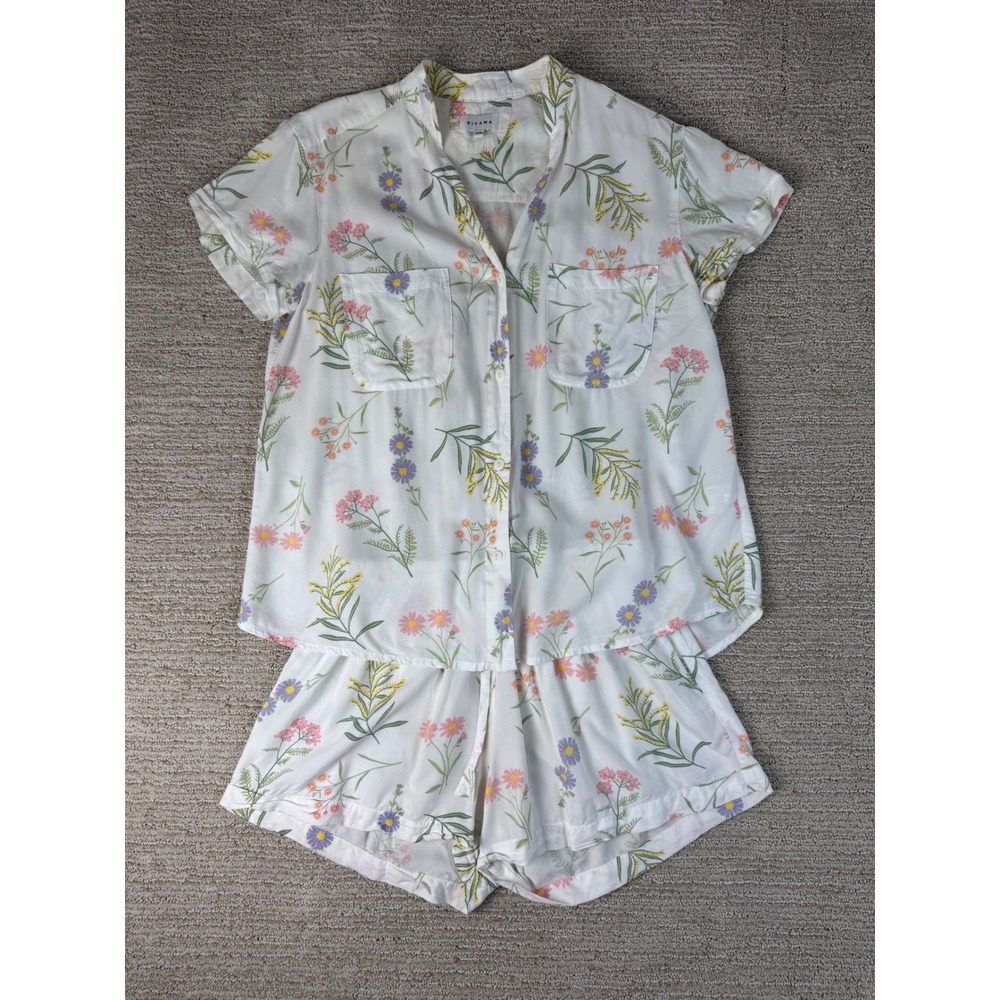 Piyama Womens XS White Floral Pajama Set Short Top and Shorts 2 Piece Loungewea